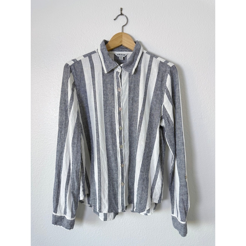 Orvis Womens Linen Rayon Striped Button Up Roll Tab Sleeve Shirt‎ Navy White M